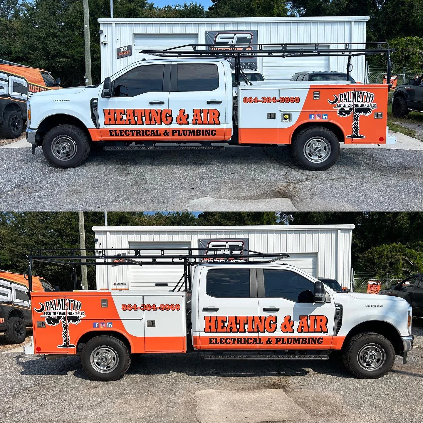 A white utility truck with orange and black advertising for heating and air services, electrical and plumbing, parked outside in front of a white metal building.