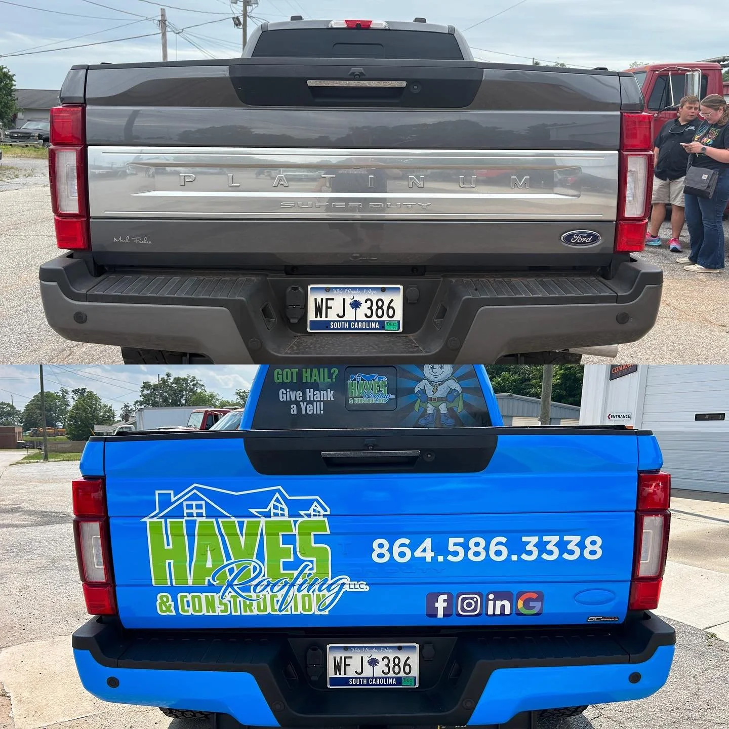 Close-up of the rear of a black Ford Super Duty truck with a plain tailgate, and the back of a blue Haves Roofing & Construction truck with branding, contact number, and social media icons.