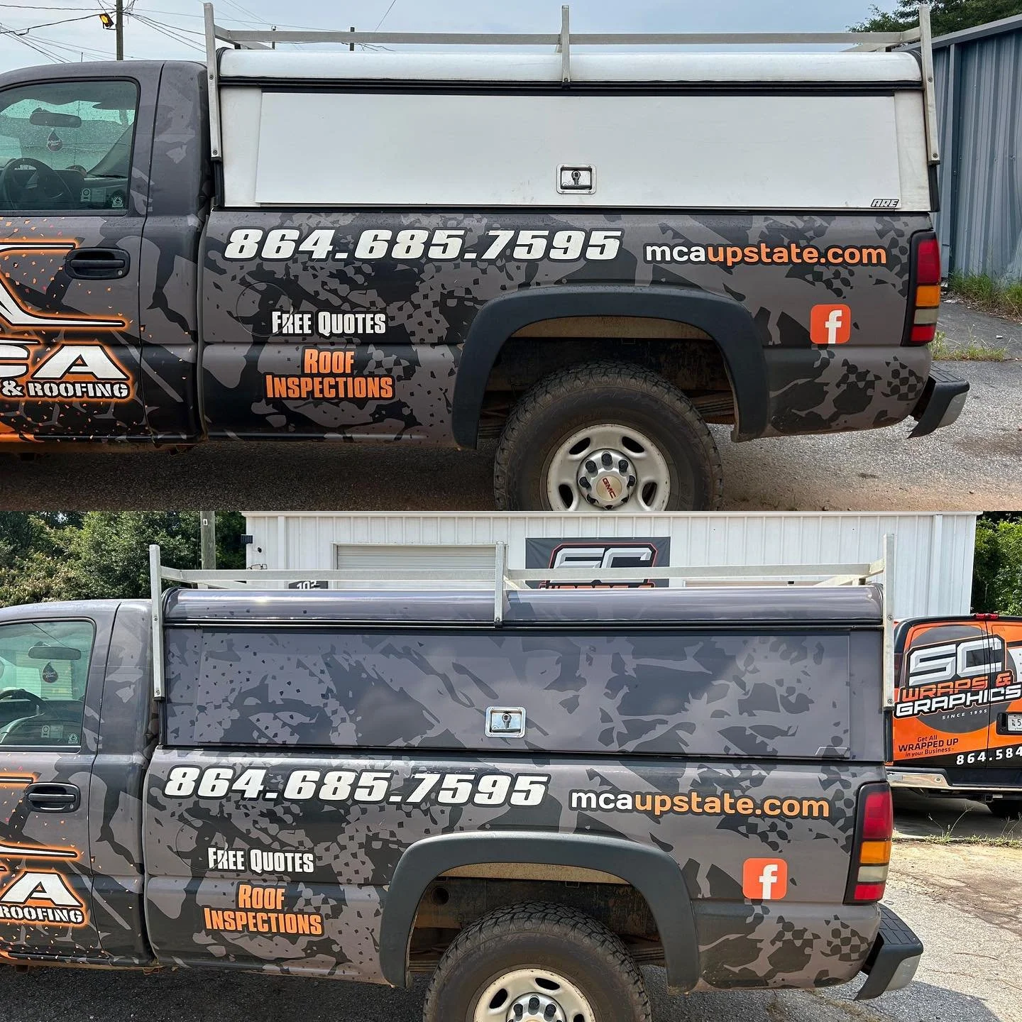 Side view of a black and gray pickup truck with graphics and text, advertising roofing services, parked outdoors. The text includes a phone number, website, and phrases like "Free Quotes" and "Roof Inspections."