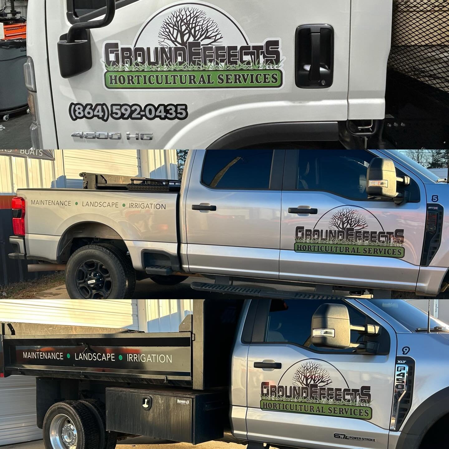 Three trucks with Ground Effects Horticultural Services logos parked outdoors, showing contact information and services like maintenance, landscaping, and irrigation.