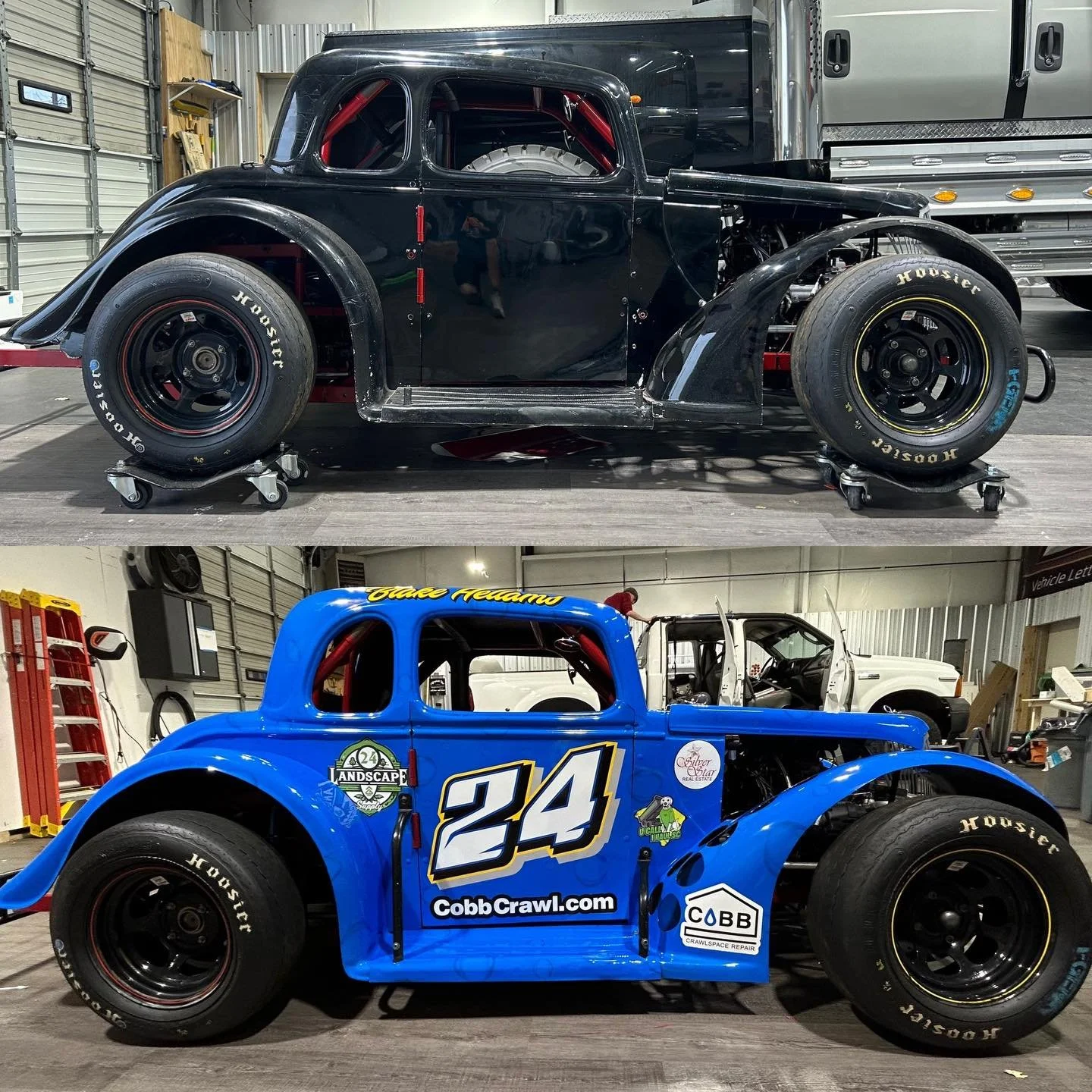 Comparison of two racing cars, with the older black car on top and the newer blue car below, in a garage setting.
