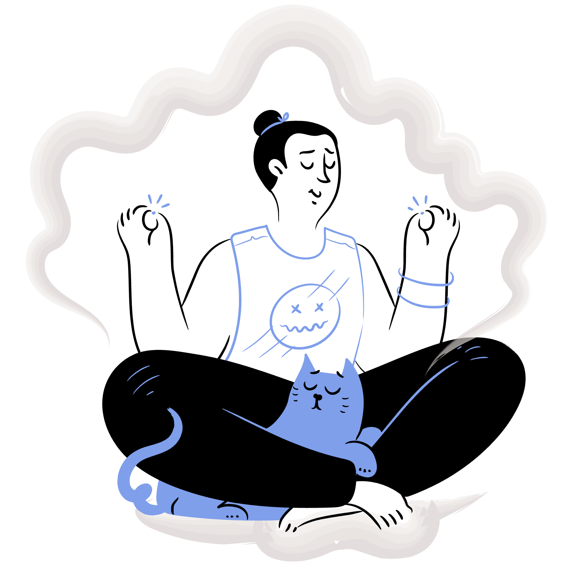 A drawing of a blue cat with its eyes closed, sitting on a black surface. The cat is surrounded by a cloud-like white border and has various abstract lines and shapes around it, including a shirt with a skull face and the letter Xs for eyes.