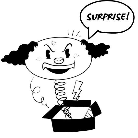 A comic-style drawing of a cute, smiling character with pointy ears and short hair, holding a gift box. A speech bubble above says "Surprise!"