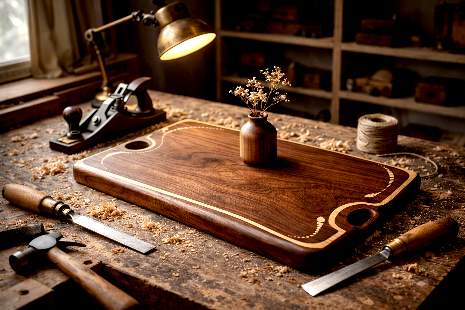 Woodwork workspace with a large wooden cutting board and tools, including a chisel, hammer, and bench plane, on a cluttered workbench. A small wooden vase with dried flowers sits on the cutting board, illuminated by a vintage desk lamp.