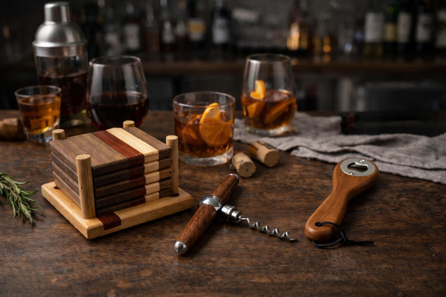 A wooden bar counter with glasses of whiskey and wine, and a corkscrew, corks, and wine opener on it.