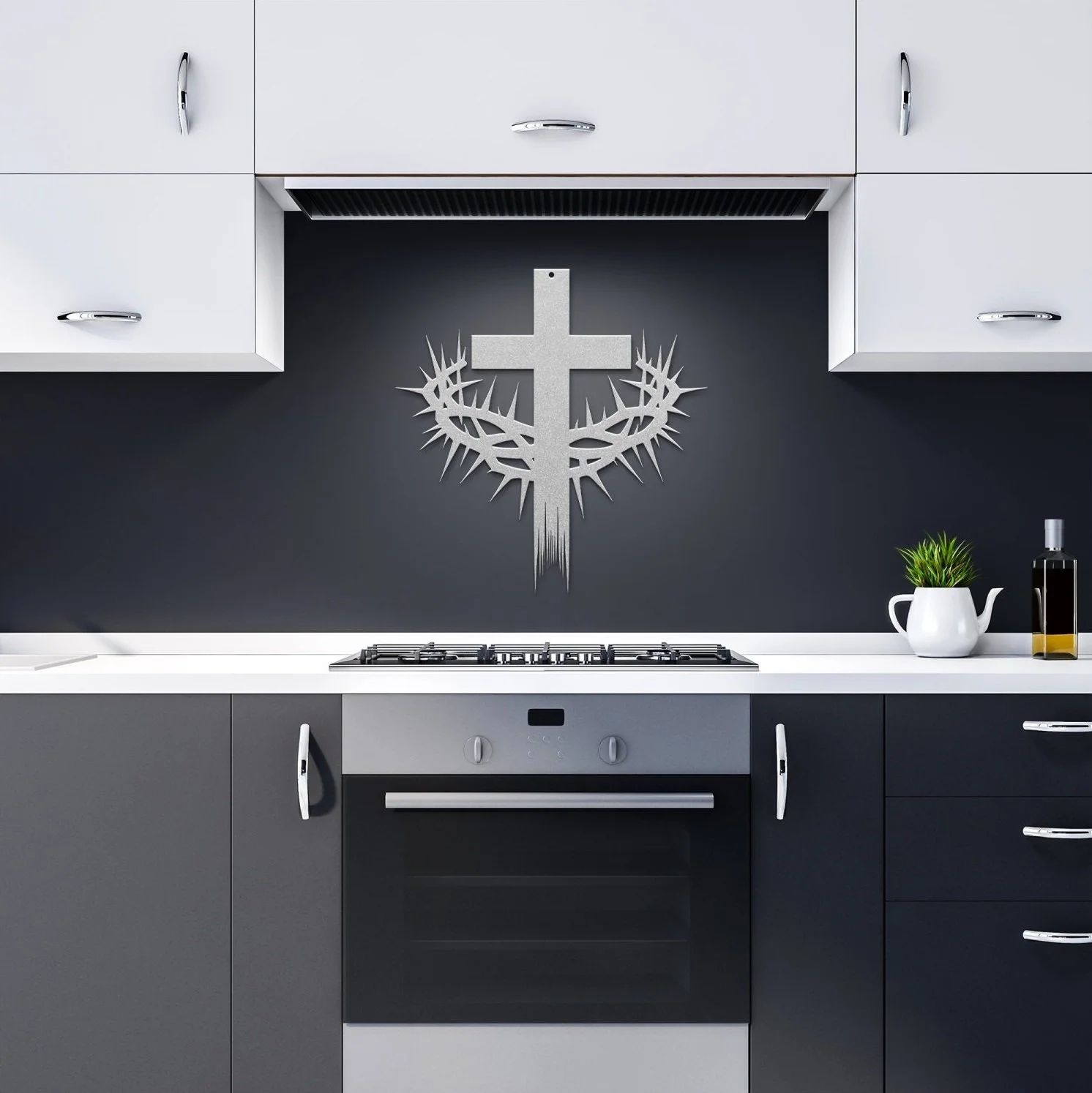 Modern kitchen with white and gray cabinets, a black wall, and a wall decoration featuring a cross with a crown of thorns design.