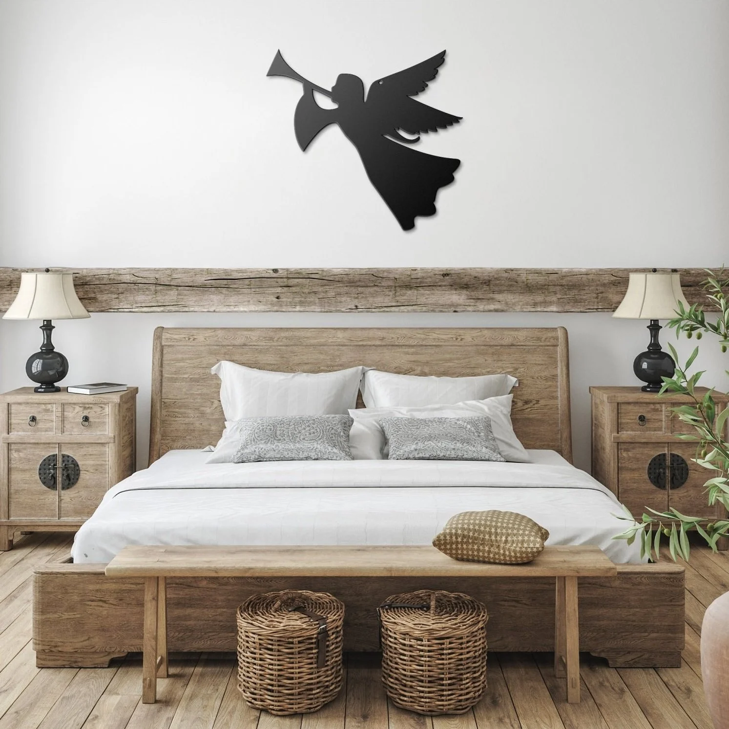 Bedroom with wooden bed, white bedding, gray pillows, rustic nightstands with lamps, wicker baskets, a wooden bench, and a black hummingbird wall art