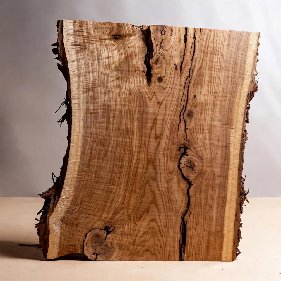 A piece of natural wood with a rough, uneven edge, showing the wood grain and knots.