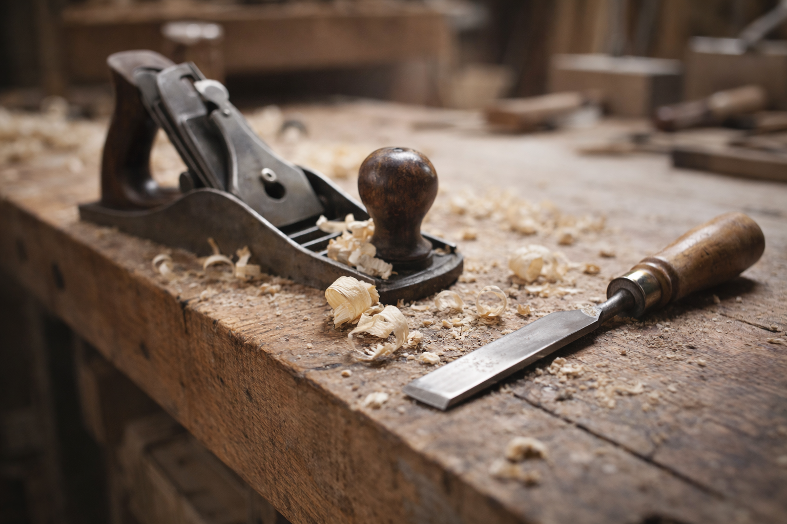 A woodworking workbench with a hand planer, a chisel, and wood shavings, in a woodworking shop.