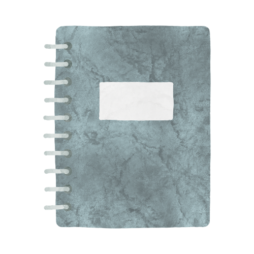 Watercolor illustration of a blue spiral-bound notebook with a white rectangular label on the cover.