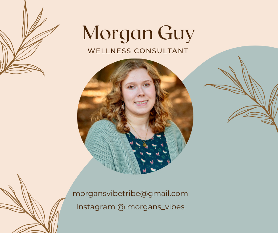 Business card for Morgan Guy, wellness consultant, showing her photo, email, and Instagram handle with decorative leaves.