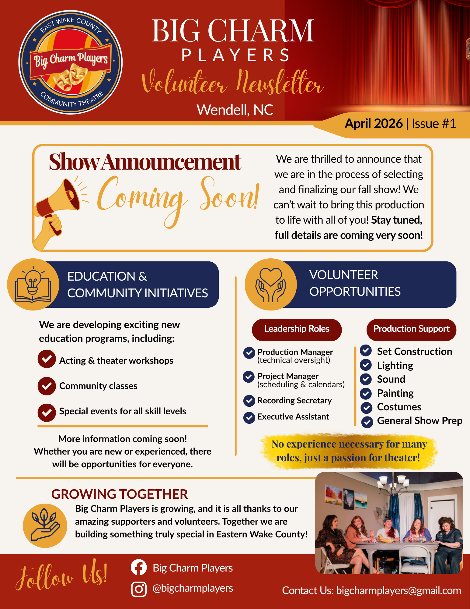 A newsletter with the title "Big Charm Players Volunteer Newsletter" from East Wake County Community Theatre. It announces an upcoming fall show, details community and educational initiatives, volunteer opportunities, leadership roles, and shows a group of children sitting at a table during a theater event.