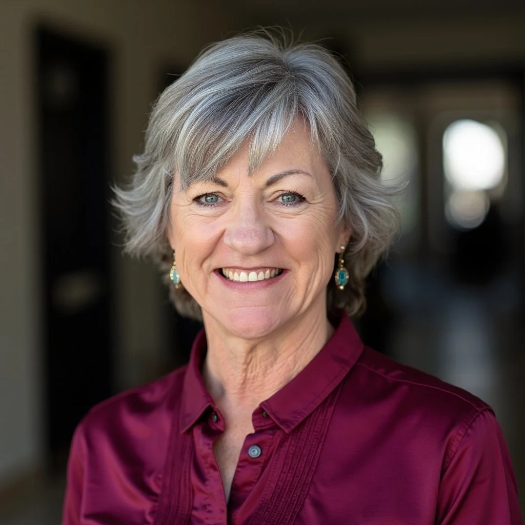 An older woman with gray hair, blue eyes, and earrings, smiling at the camera. She is wearing a maroon shirt with a collar.