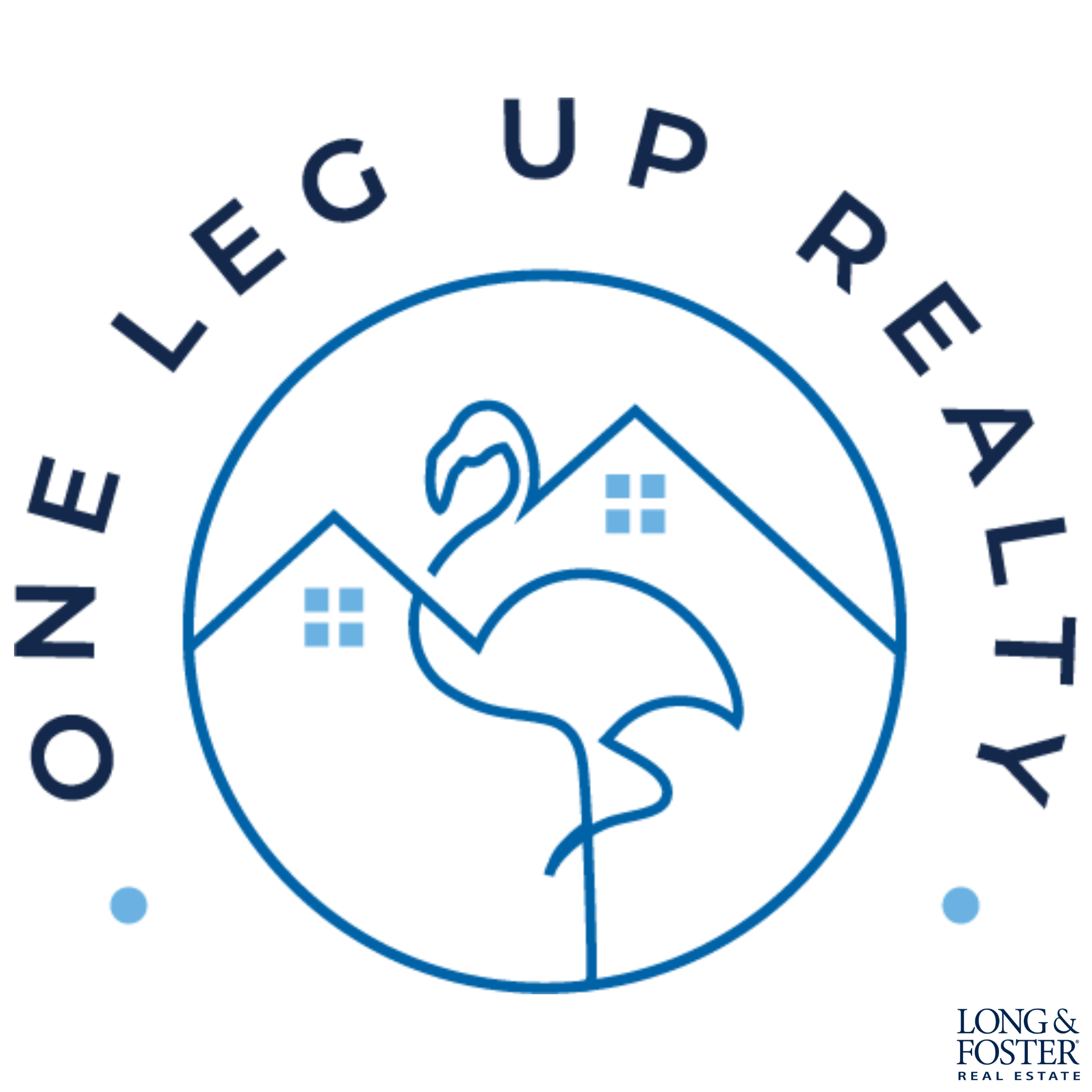 The image features a circular logo with the words 'LONG & FOSTER' at the bottom right. The logo has a stylized, abstract house with a roof and a window in the center, surrounded by the words 'ELEGANT UP' and additional design elements.