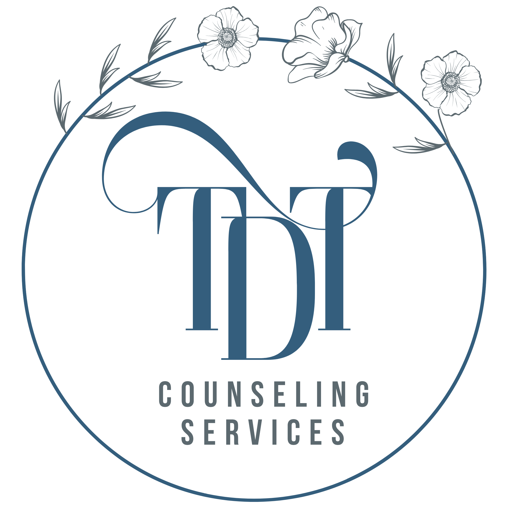 Logo for Counseiling Services with a circular blue outline, floral decorations at the top, and the words 'Counseling Services' in black and gray text