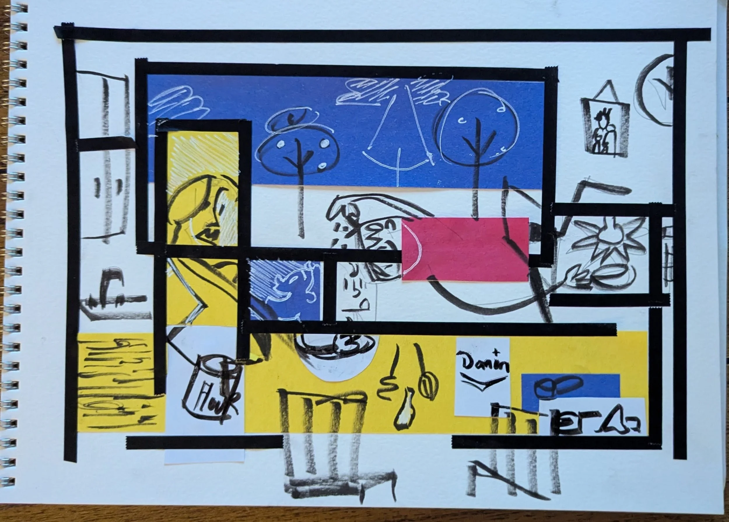 A colorful drawing of a kitchen with various objects and furniture, including a houseplant, framed pictures, and a person sitting at a table with a yellow tablecloth and utensils, with a window showing trees and a blue sky outside.