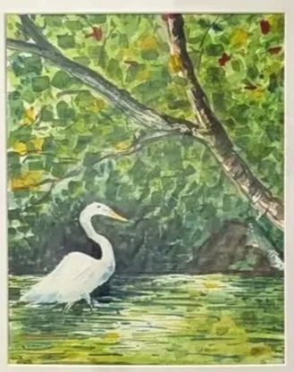 A painting of a white swan swimming in a green pond with trees and foliage in the background.