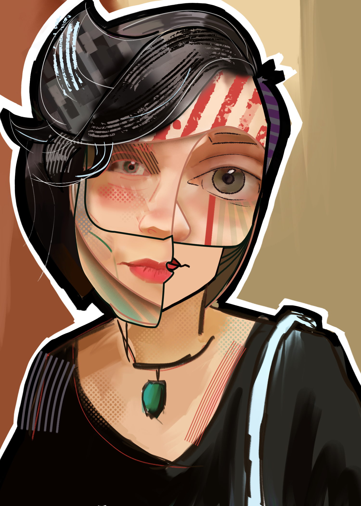 Digital portrait of a woman with short dark hair, wearing a black top and a green pendant necklace. The image combines realistic facial features with abstract, line-drawn elements, and overlays of barcode-like patterns and geometric shapes.