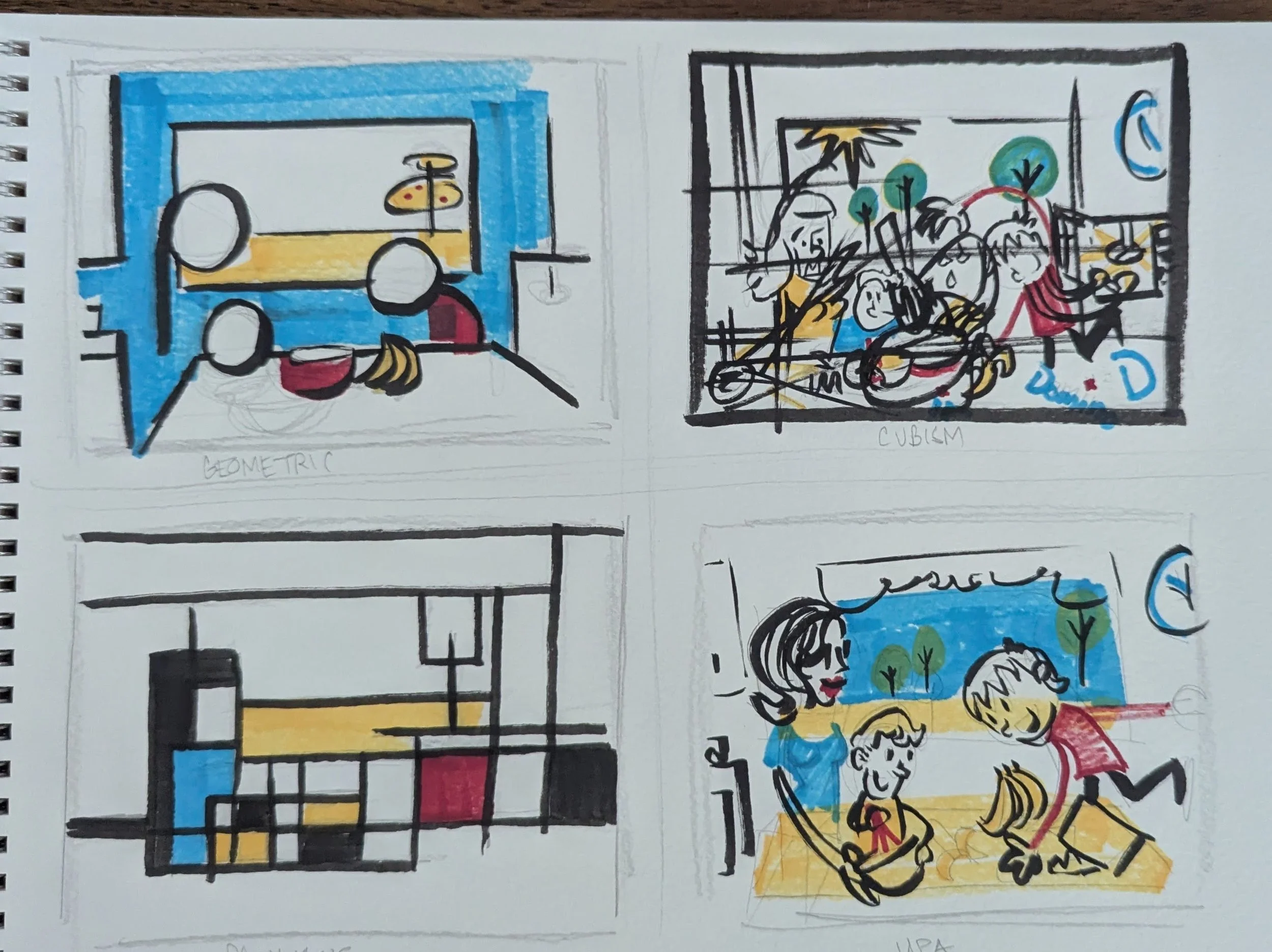 Four sketches of scenes with people, one labeled 'GEOMETRIC', another 'CUBISM', and a third with children playing outside, all drawn with black lines and filled with colors like blue, yellow, red, and green.
