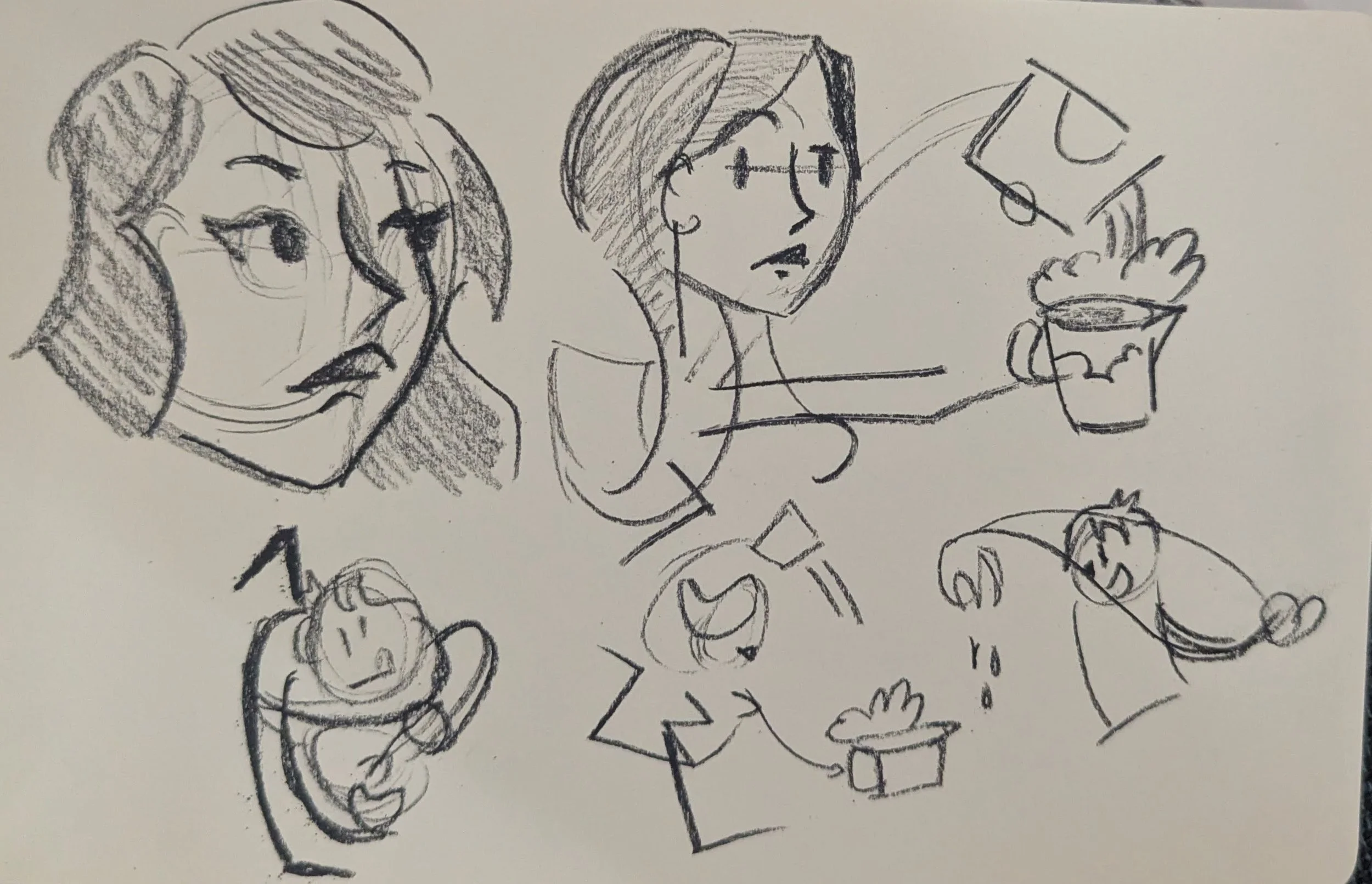 Sketch of two women with one holding a cup of coffee or tea. The woman on the left has long, wavy hair and an anxious expression, while the woman on the right has short hair, glasses, and appears to be speaking or explaining something. Surrounding th