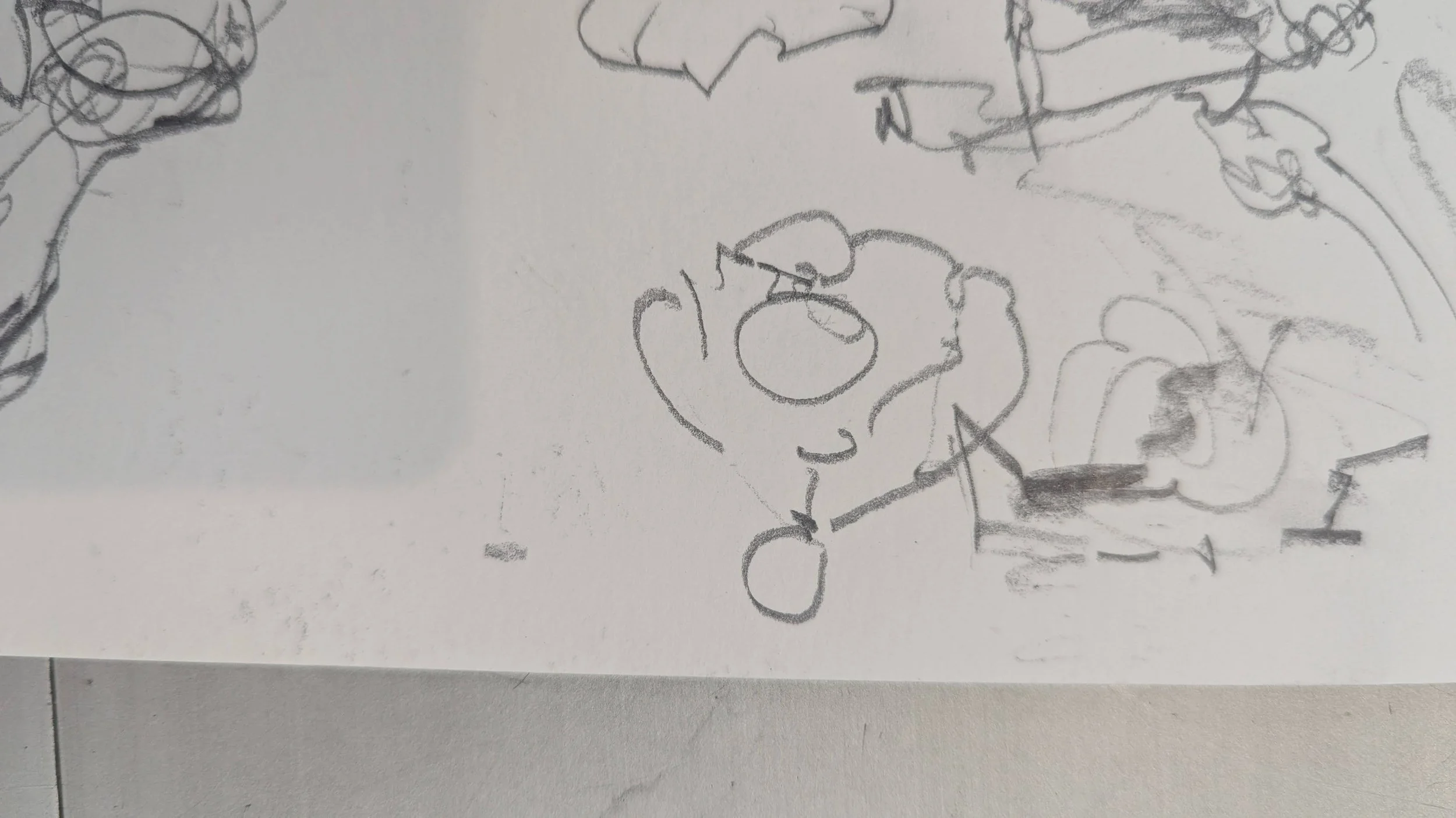 A child's drawing of a person with glasses and a round face, holding a baseball bat, standing in front of a cloud and some abstract shapes.