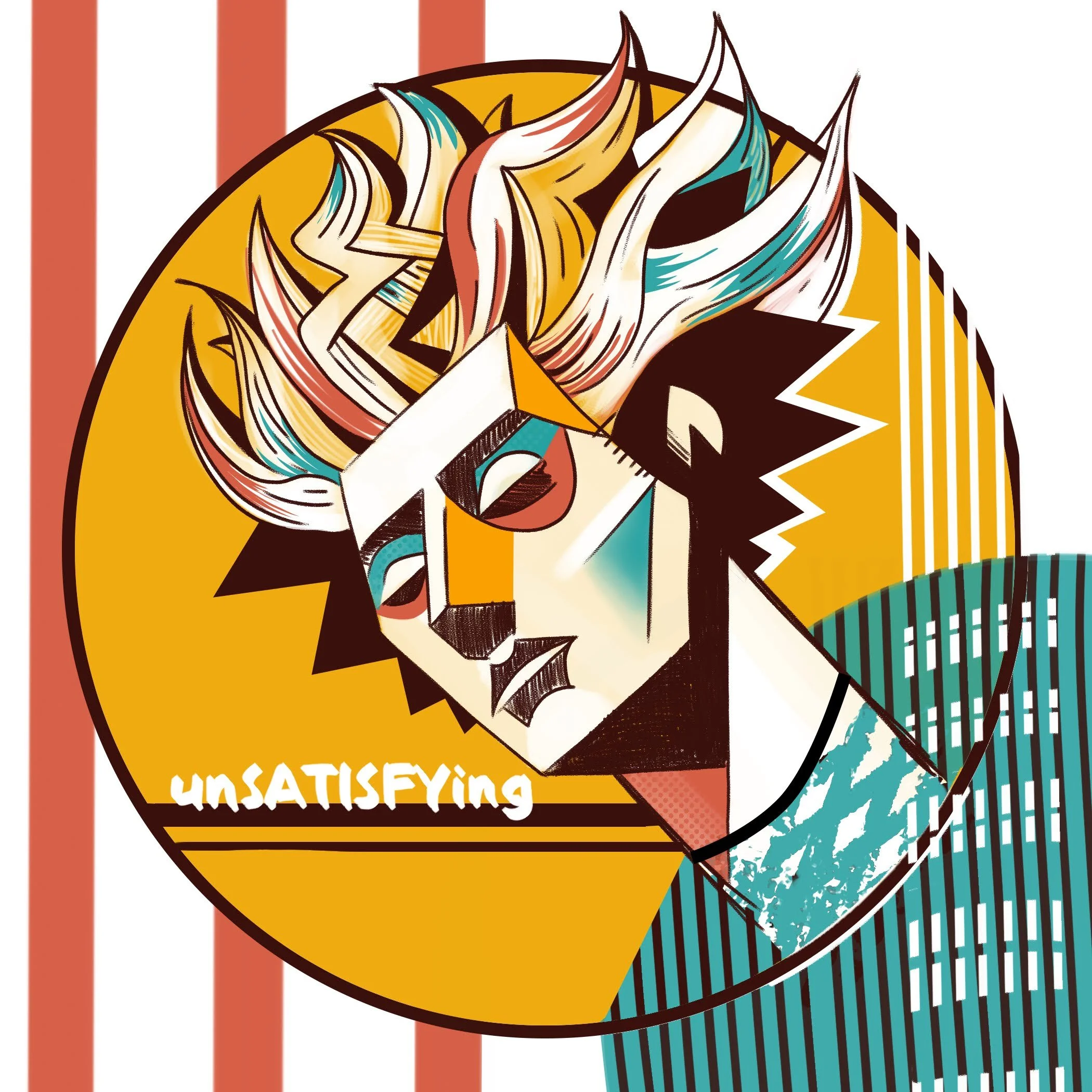 Abstract digital illustration of a stylized face with sharp features and multicolored hair, set against a yellow circle background with red and white vertical stripes on the left side. The word "Unsatisfying" is written in white at the bottom of the circle.