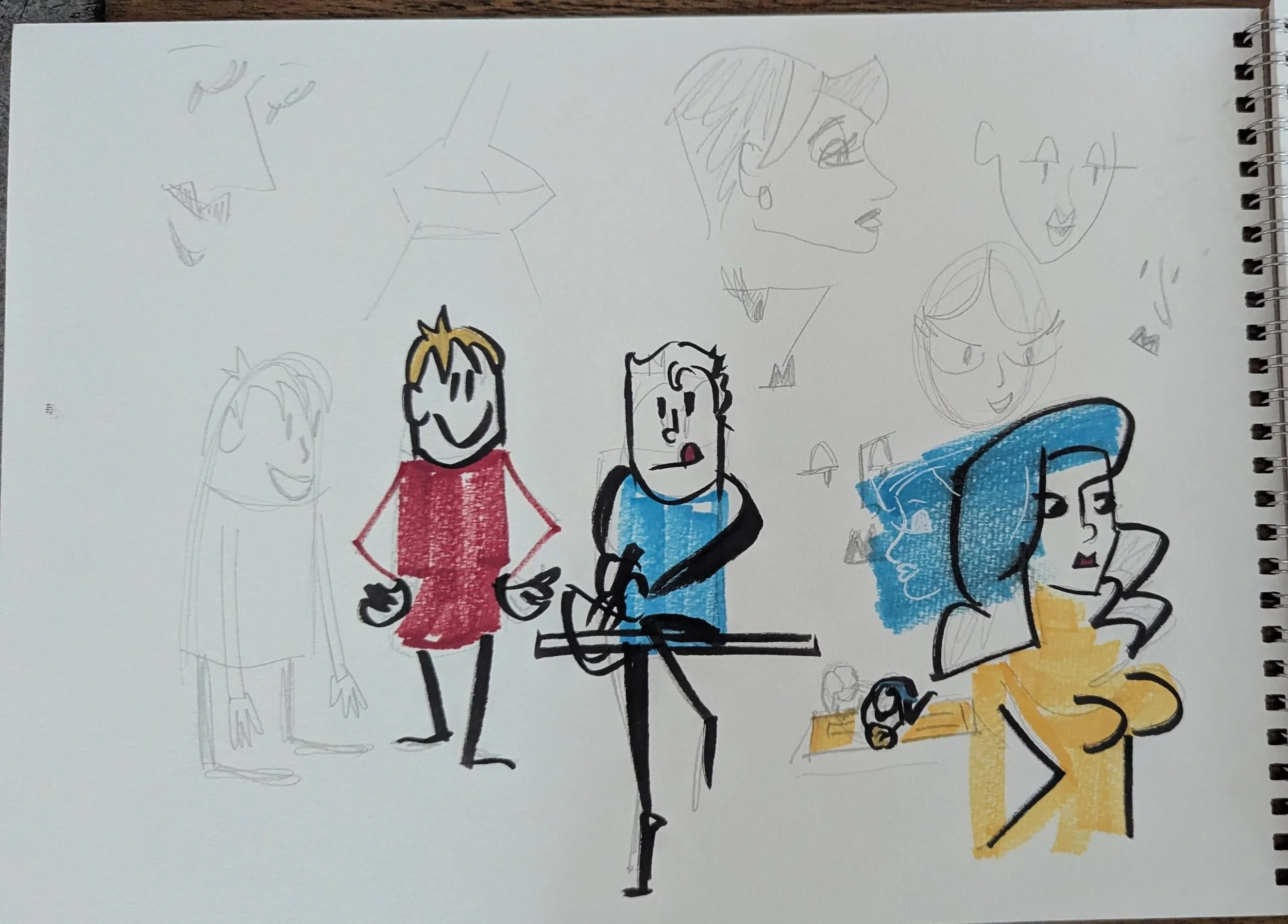 Colorful sketches of multiple characters in different styles with some drawn in pen and others colored with markers or pencils, on a white background.