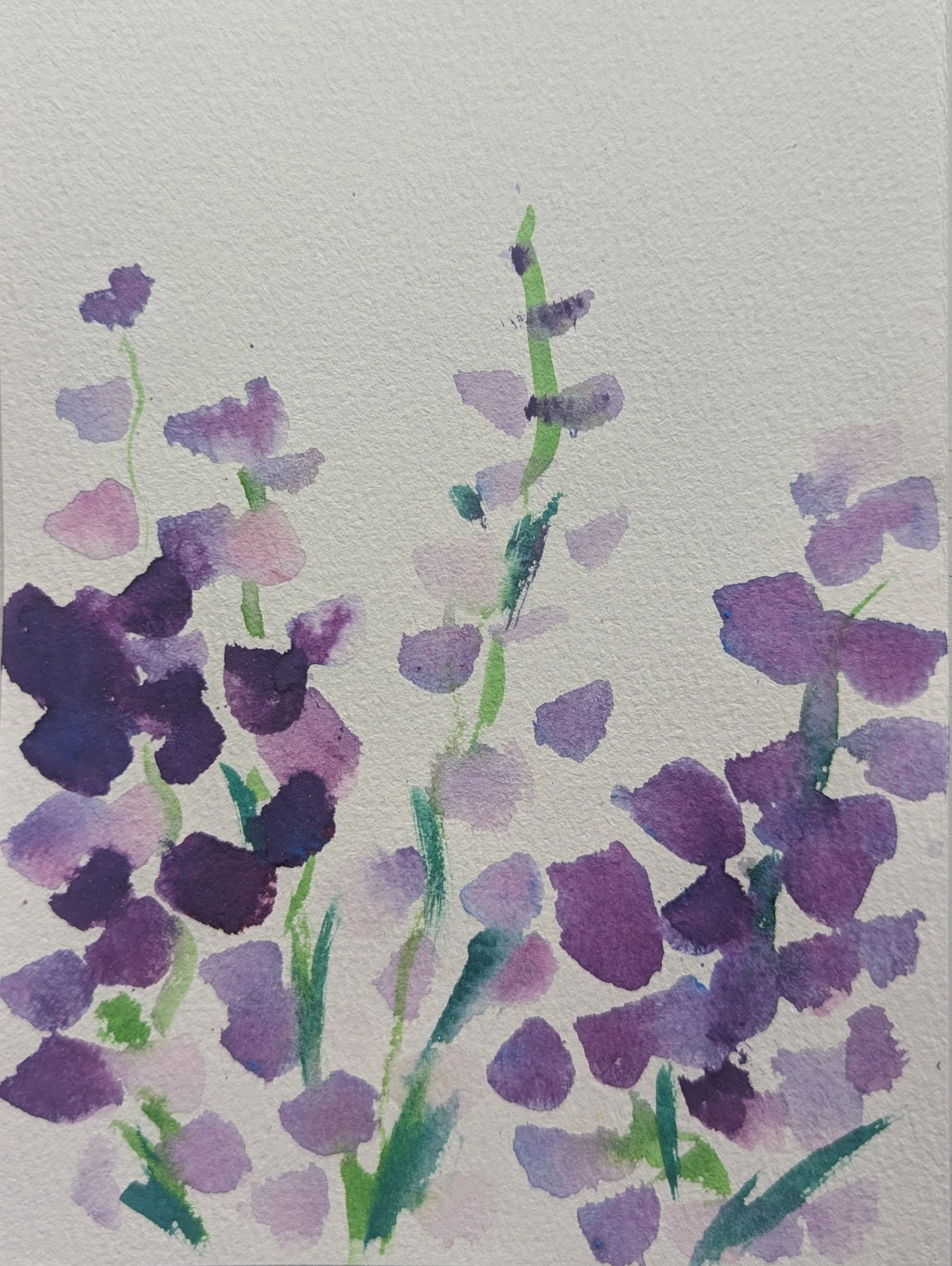 Watercolor painting of purple and lavender flowers with green stems and leaves.