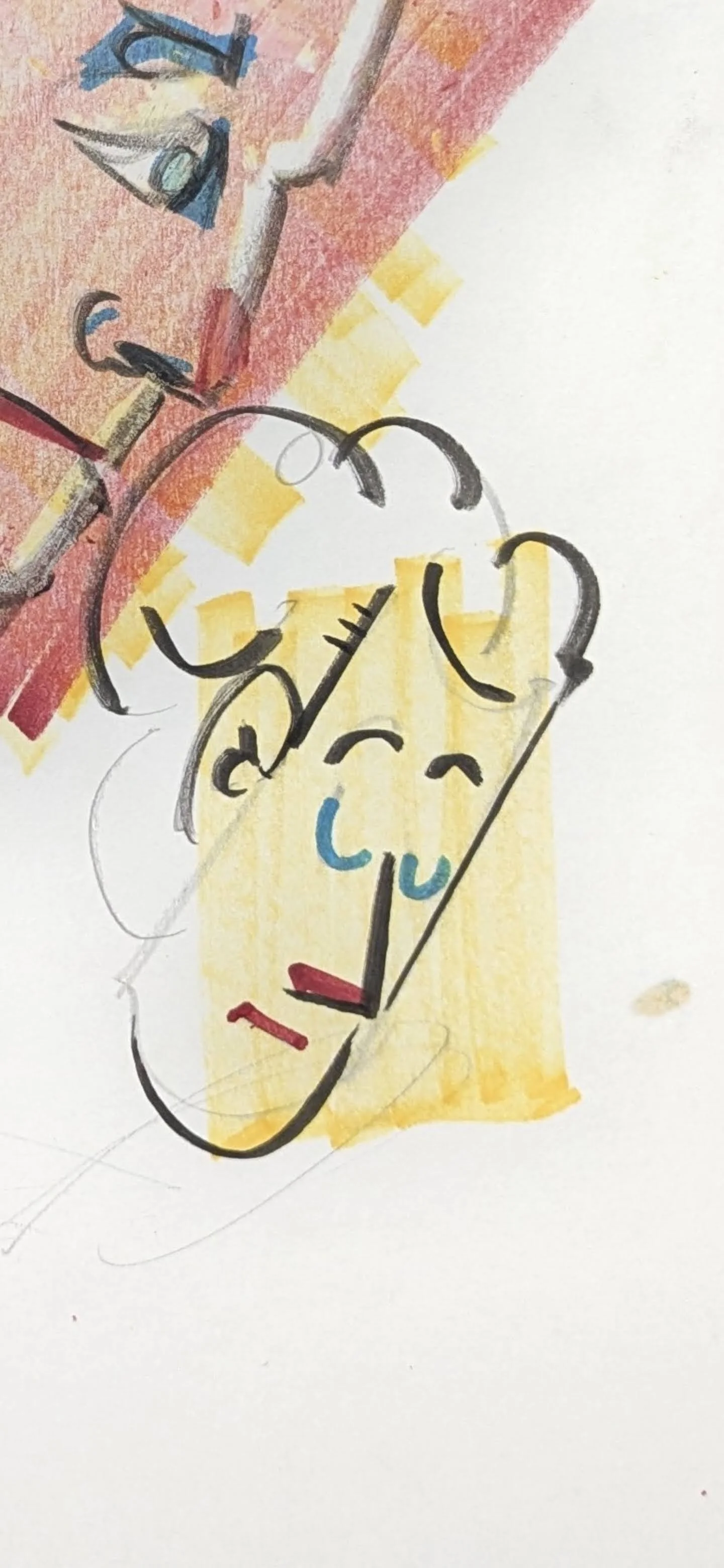 Colorful abstract sketch of a person's face with closed eyes, a red mouth, blue nose, and a yellow background, created with ink and watercolor.