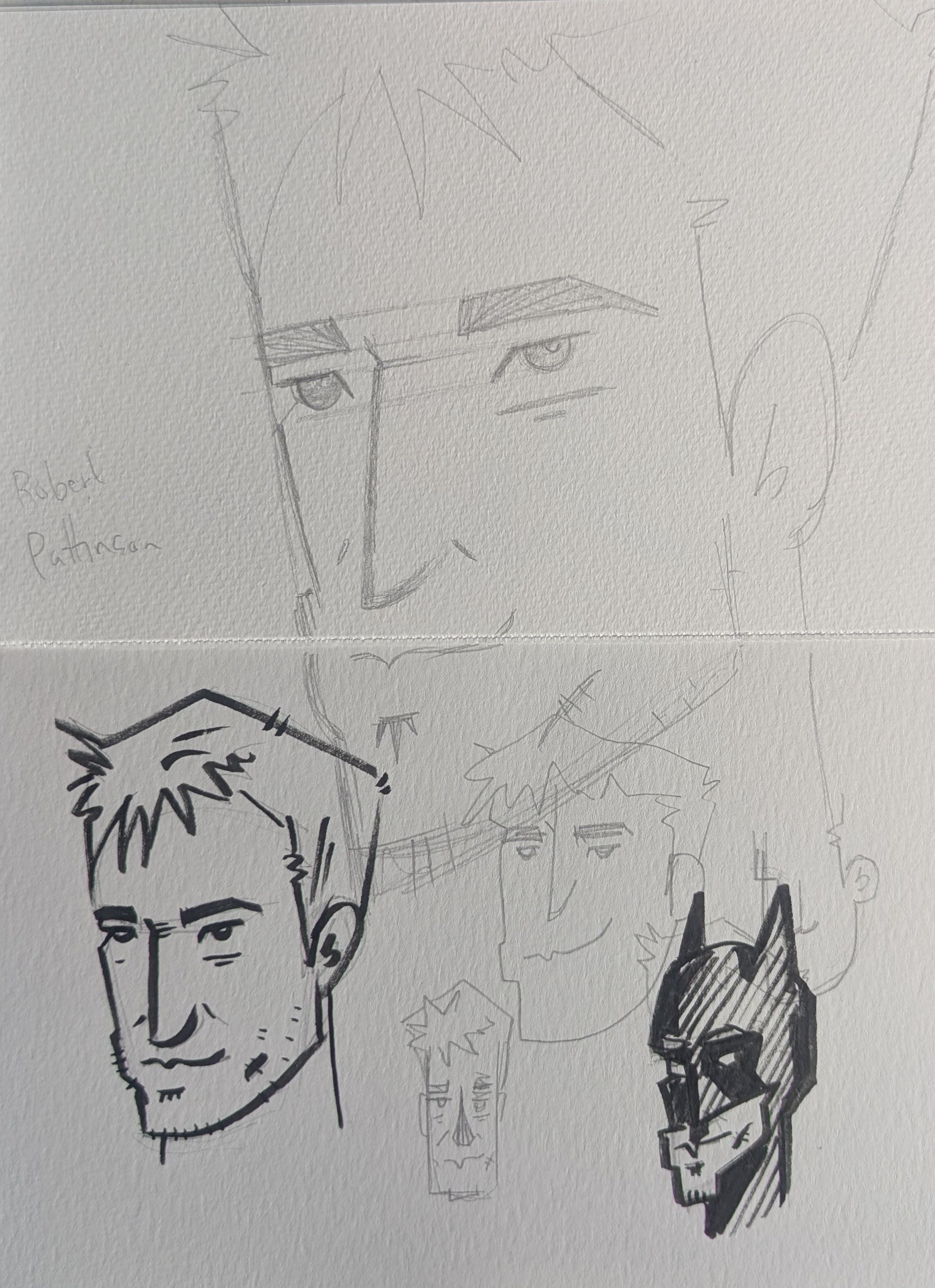 Sketches of various faces, including a close-up of a person's face with a serious expression and two other cartoon-like heads, one with spiky hair and another resembling Batman, along with a smaller face and some text that reads "Bob! Patton."