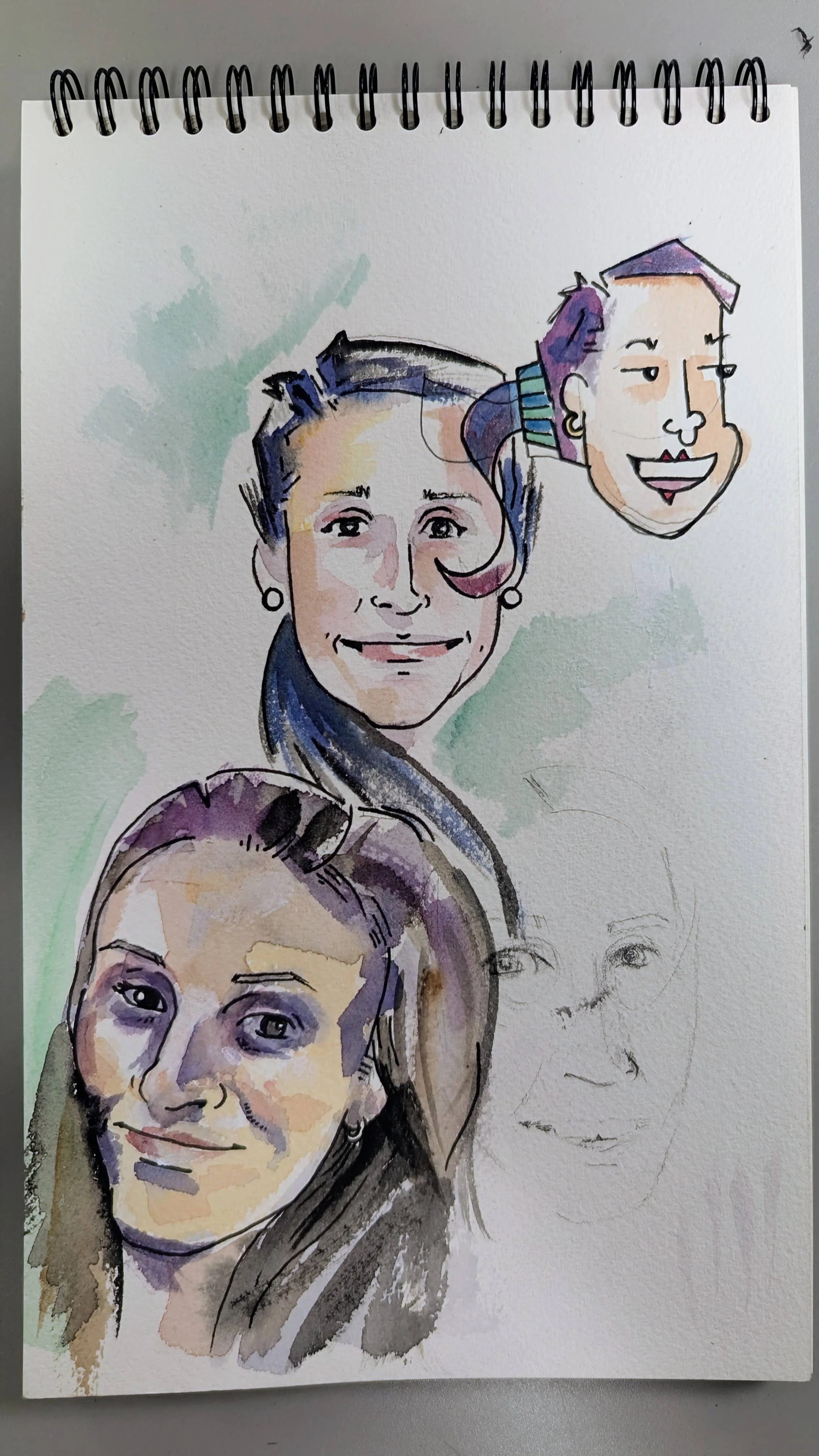 Watercolor and ink illustration of three women, with one in the foreground, one in the middle, and a smiling face in the background. The artwork features loose brushwork and line details, with some unfinished sketches visible.