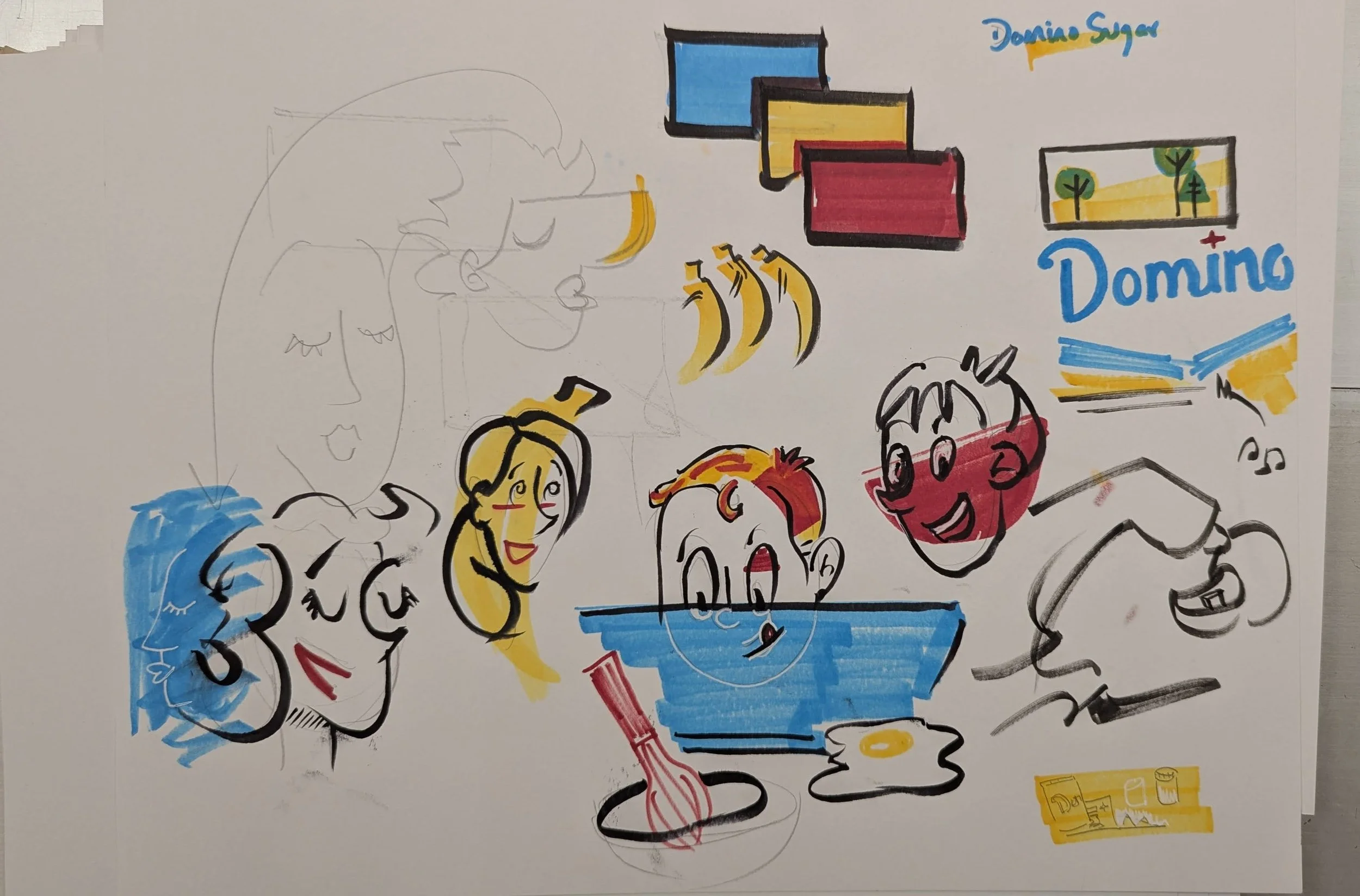 Colorful illustration of children and women making pancake batter, with ingredients and cooking tools, and the word 'Domino' written twice with different colors.