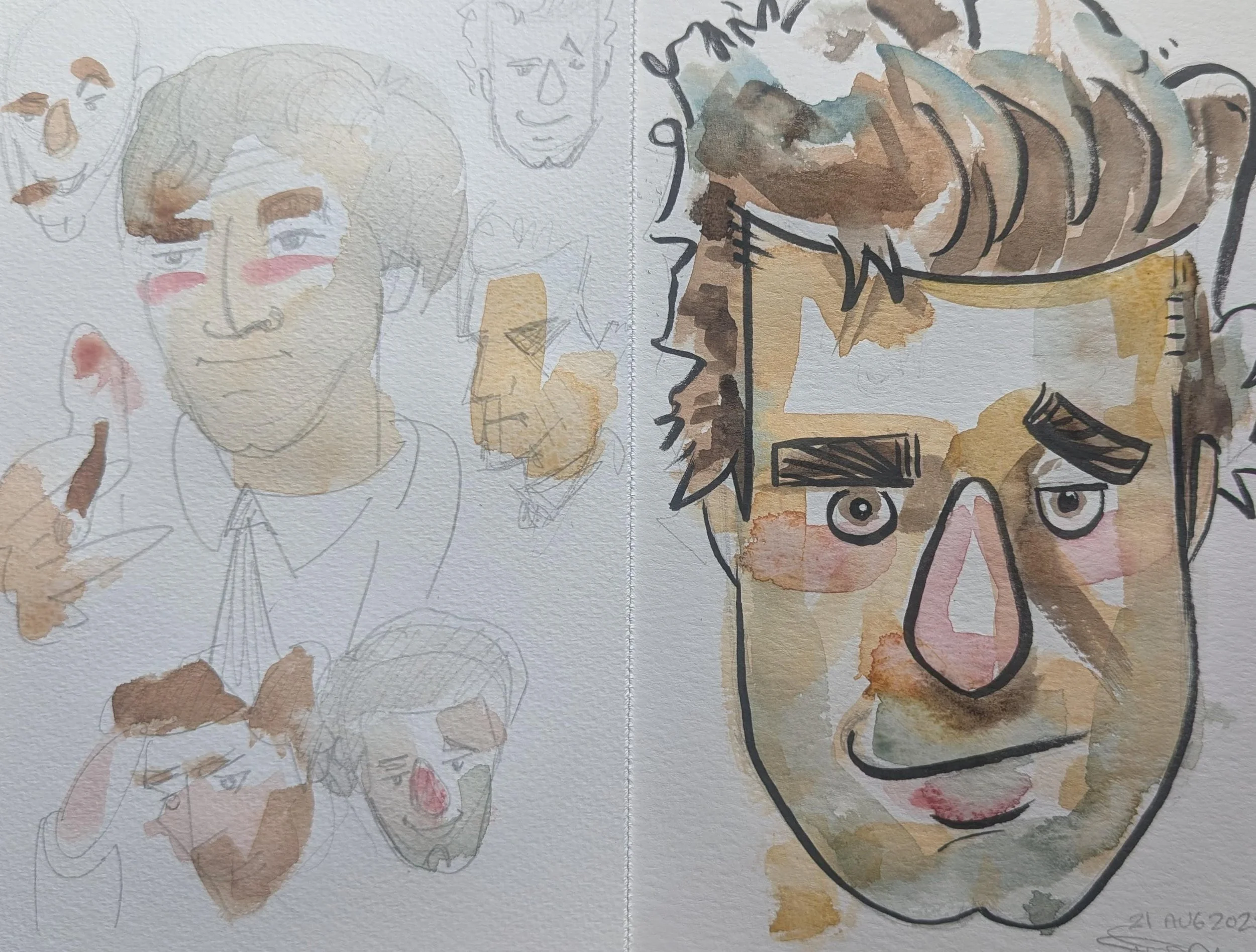 Watercolor sketches of multiple human faces, with a large, detailed face on the right, and several smaller, lighter sketches of faces on the left, all on textured paper.
