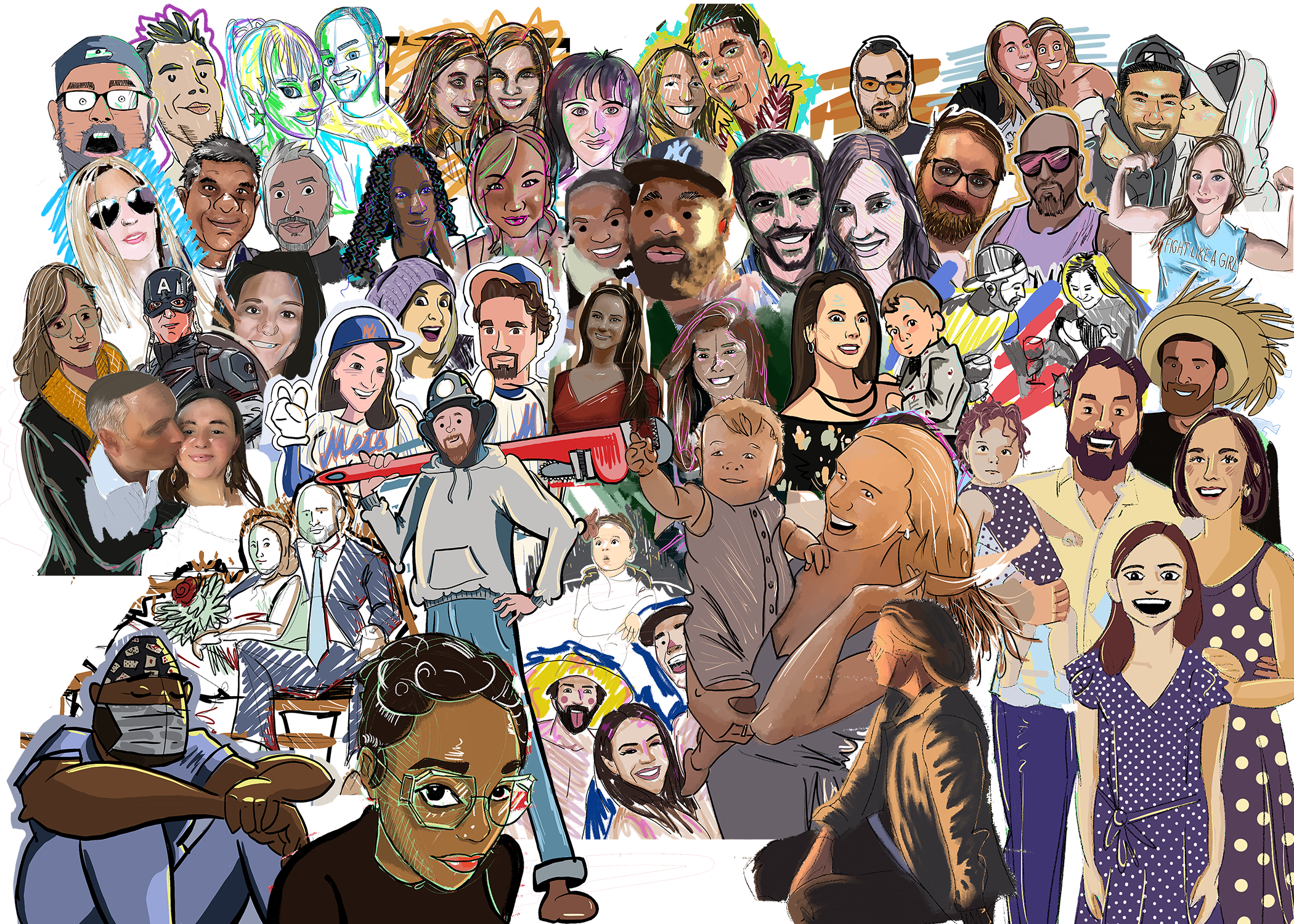 A large digital illustration featuring numerous diverse people, each with unique expressions and styles, arranged in a collage. Some are smiling, others making gestures or holding objects like a red sword, a megaphone, or a bouquet of flowers. The ba