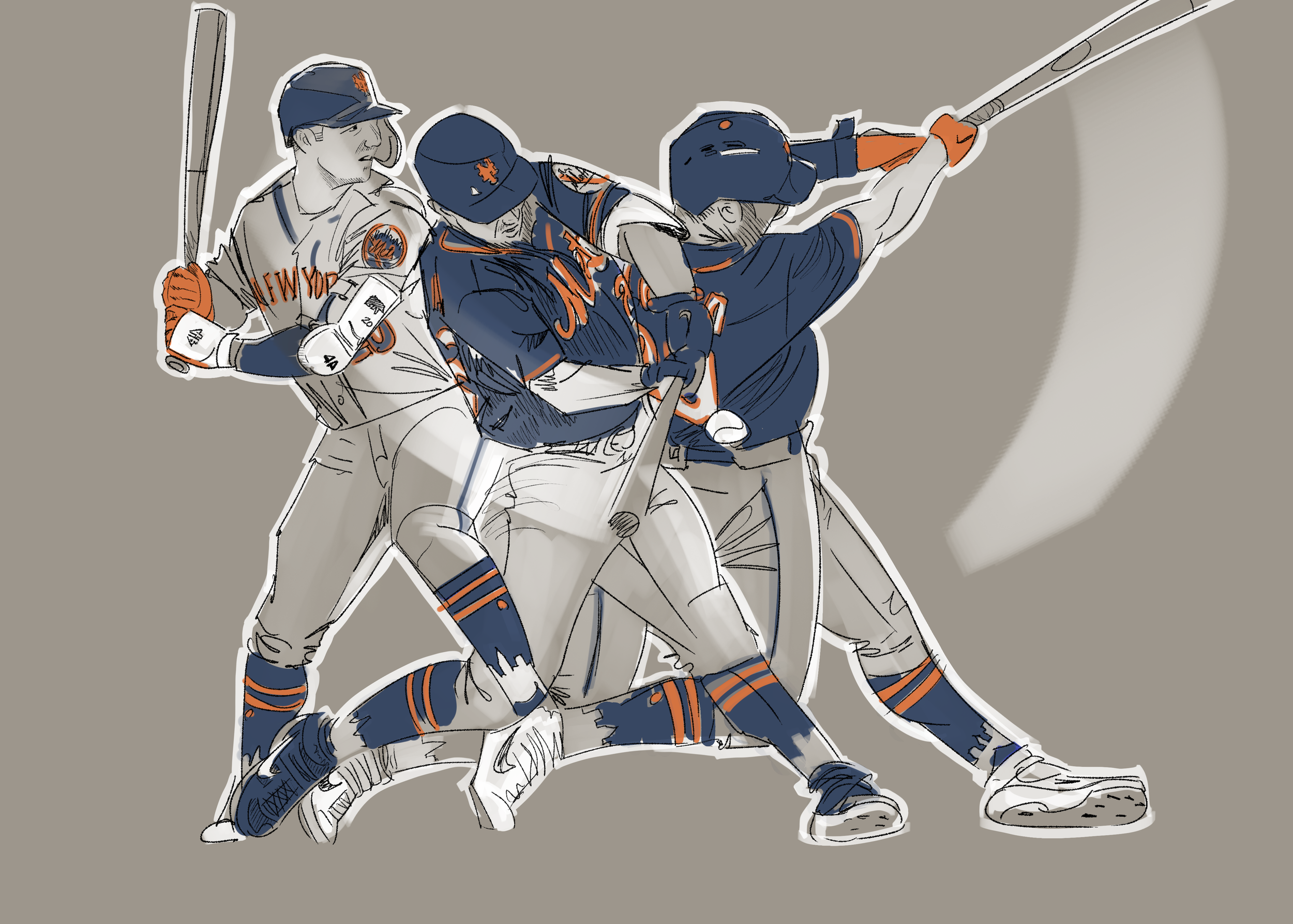 Illustration of three New York Mets baseball players in action, one batting and two defending, wearing the team's navy and orange uniforms.