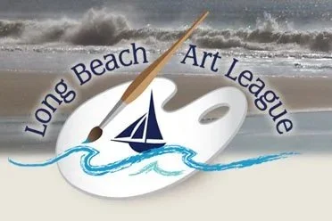 A logo for Long Beach Art League featuring a painter's palette, a paintbrush, a sailboat, and ocean waves with the organization name curved around the palette on a beach background.