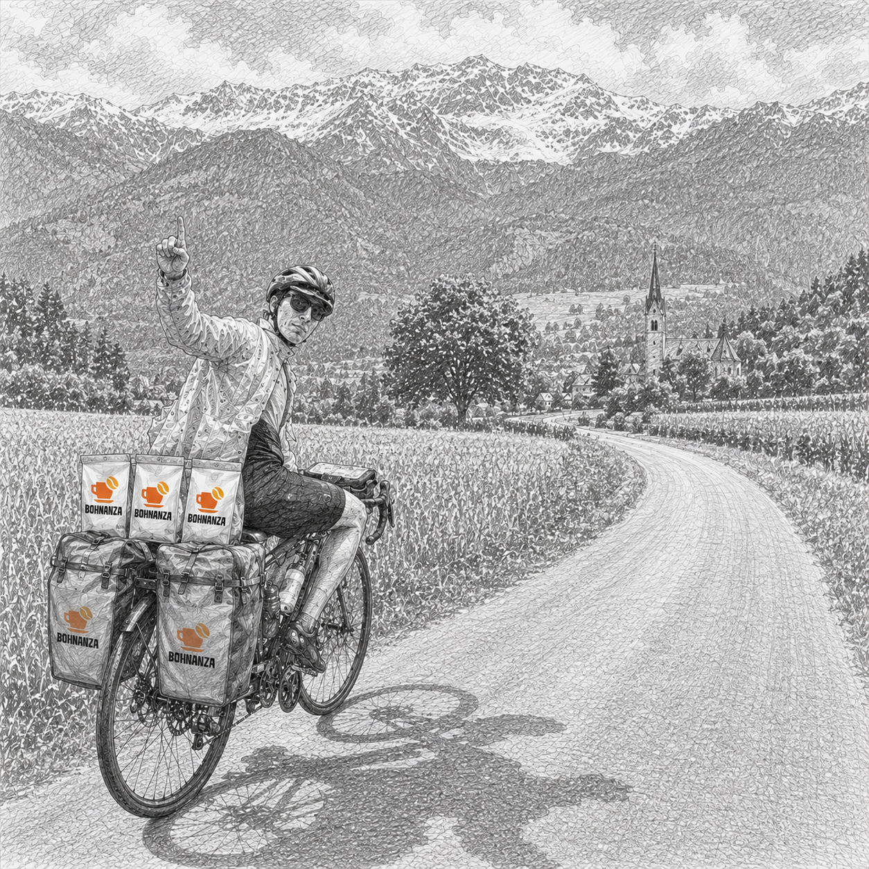 A cyclist on a road in a rural area with mountains, trees, a church, and a village in the background, carrying bags labeled 'Bohnanza' and gesturing with his finger.