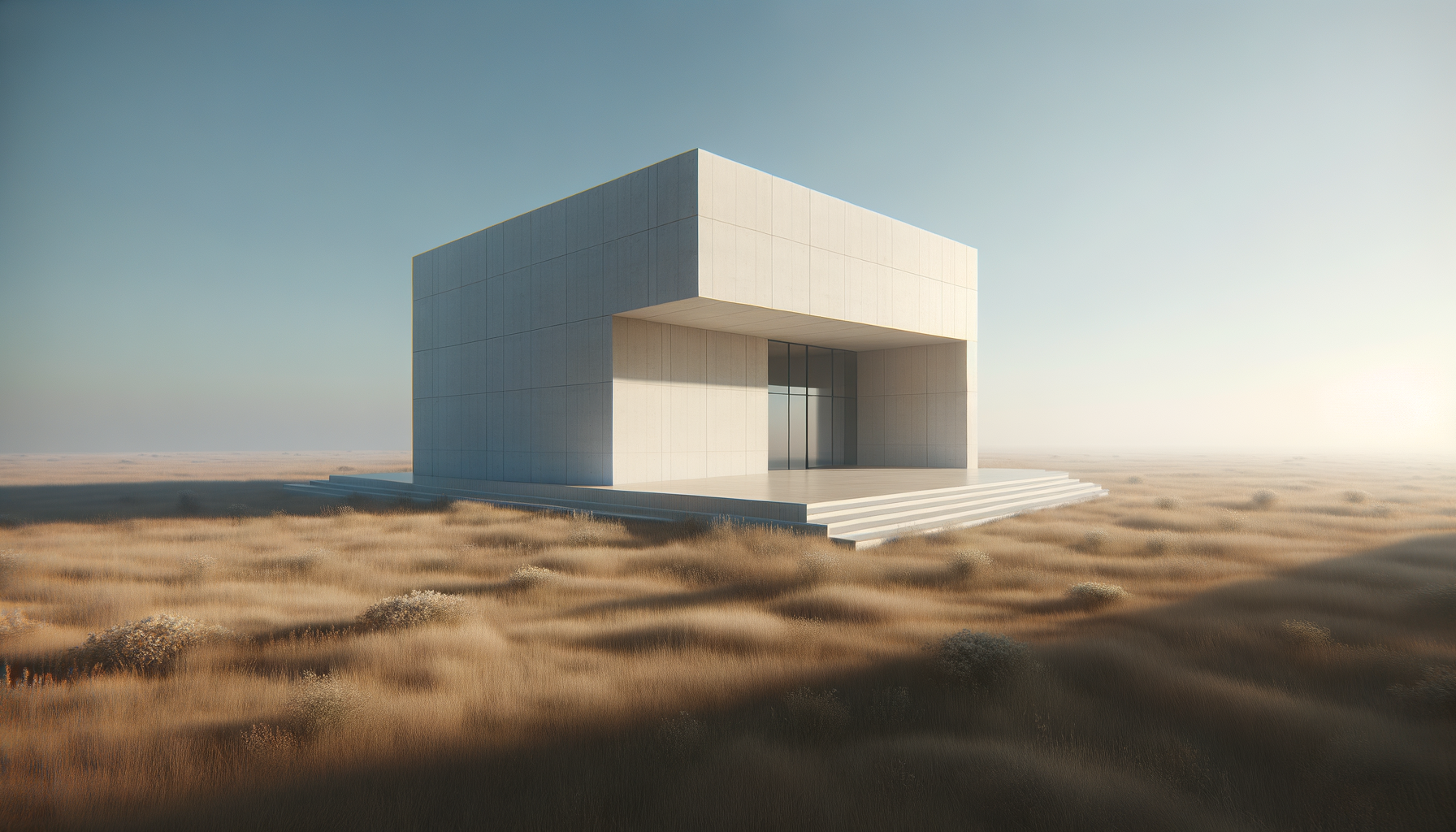 Modern, minimalist white building with a large covered entrance and steps leading up to it, situated in a flat, grassy landscape under a clear sky.