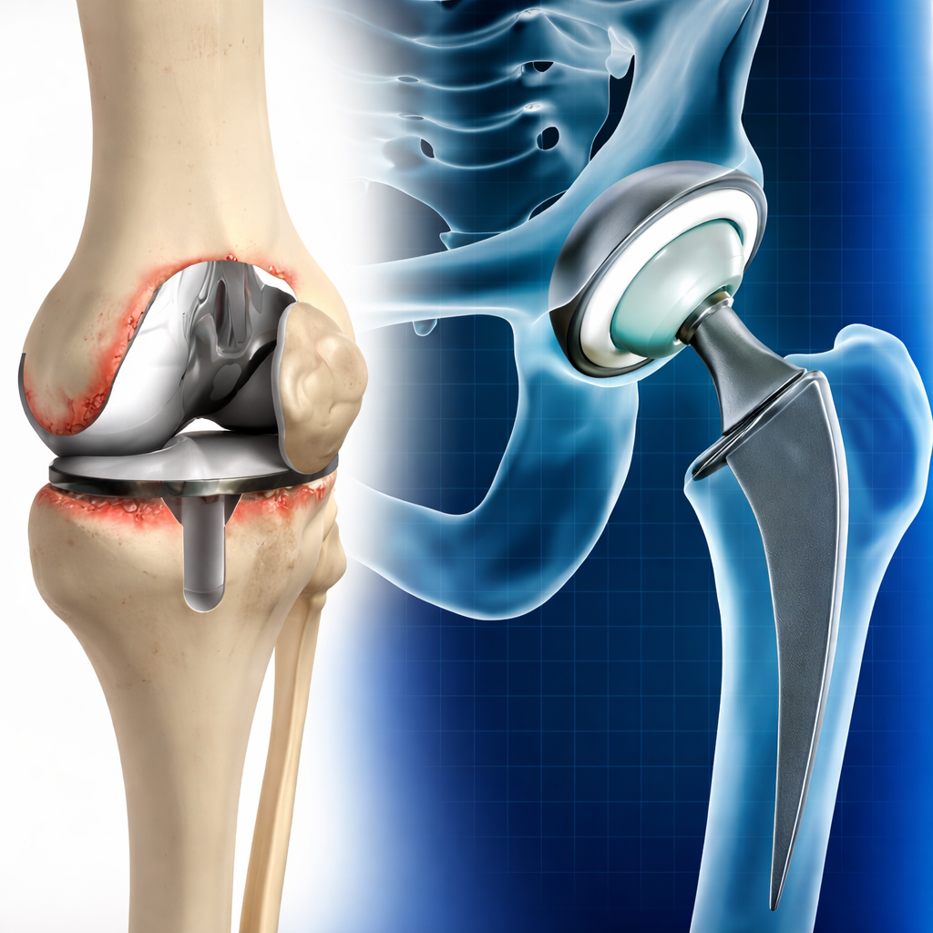 Medical illustration of a knee joint, showing a damaged cartilage with inflammation, and a prosthetic knee replacement component including a metal femoral and tibial part with an artificial spacer.