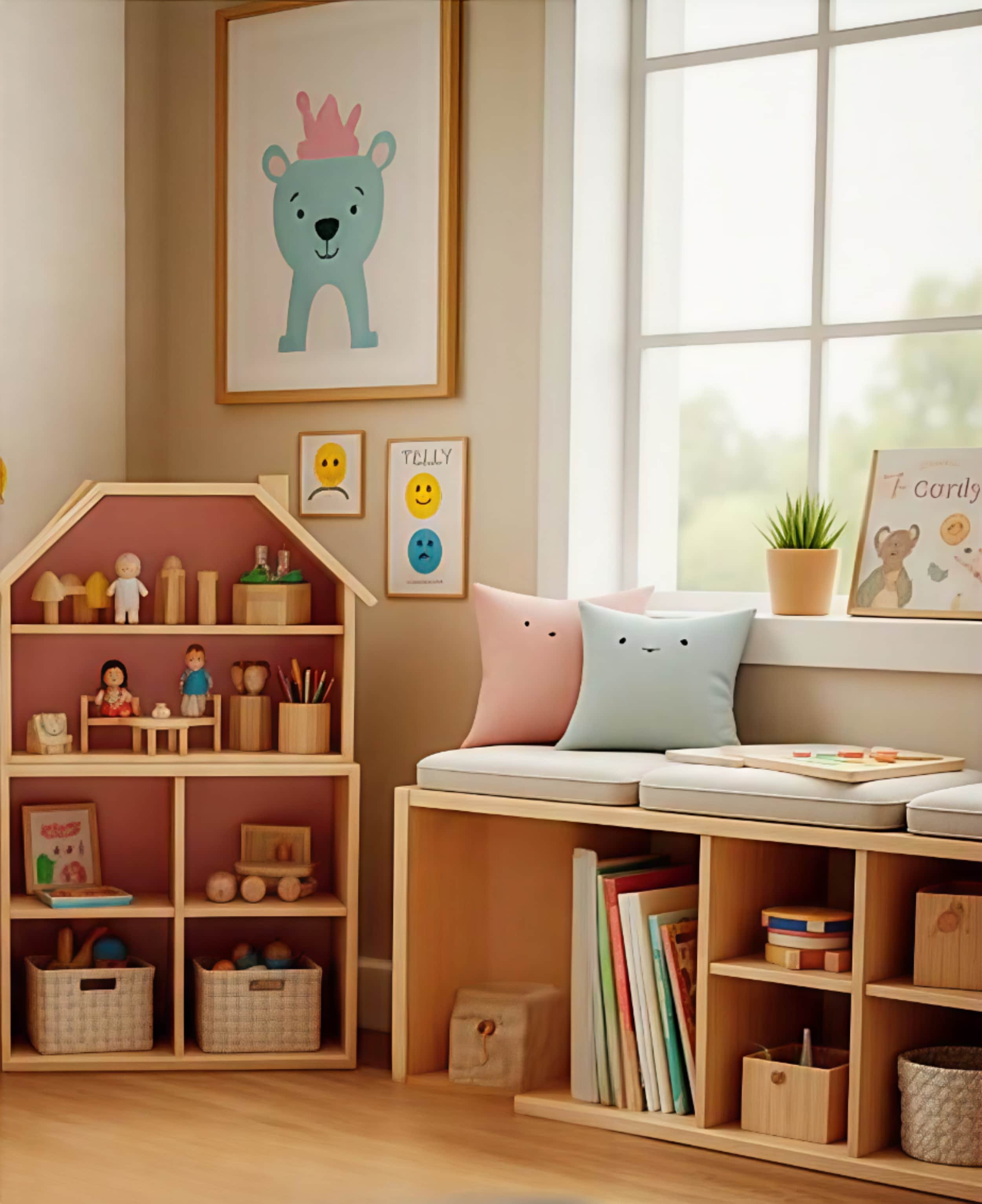 A cozy play and art therapy room with a wooden dollhouse, colorful cushions, and a window seat. Shelves hold toys and books. Walls feature playful art for effective child and adolescent psychotherapy