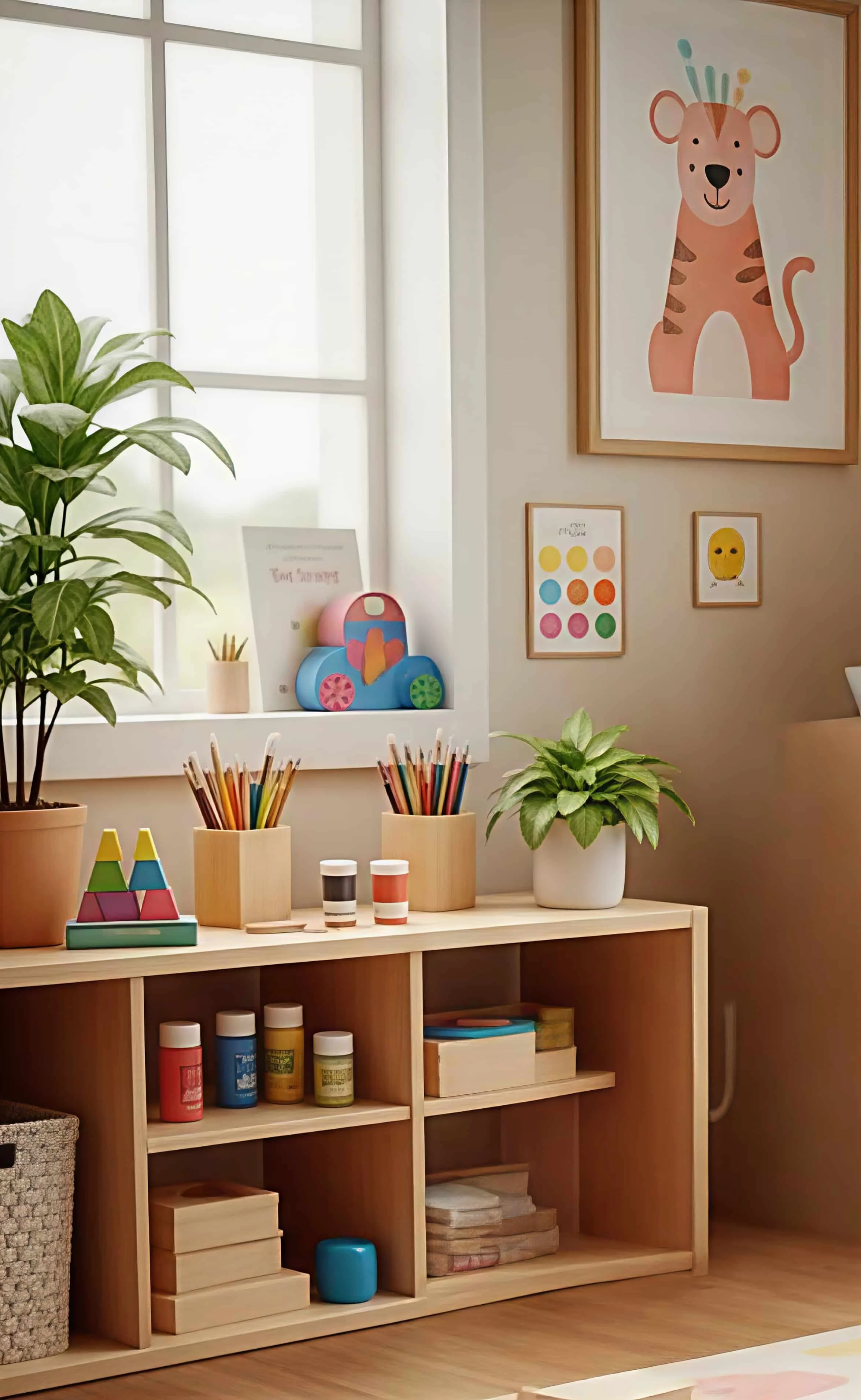 A bright, tidy kids’ art therapy room with plants and play therapy toys fosters creativity and supports child and adolescent psychotherapy.