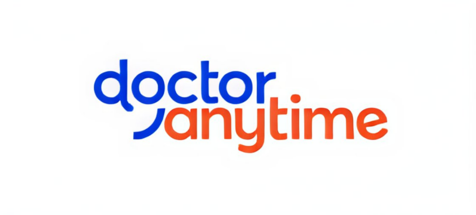 Logo with the words doctor anytime in blue and orange lowercase letters, ideal for a child psychologist Limassol clinic.