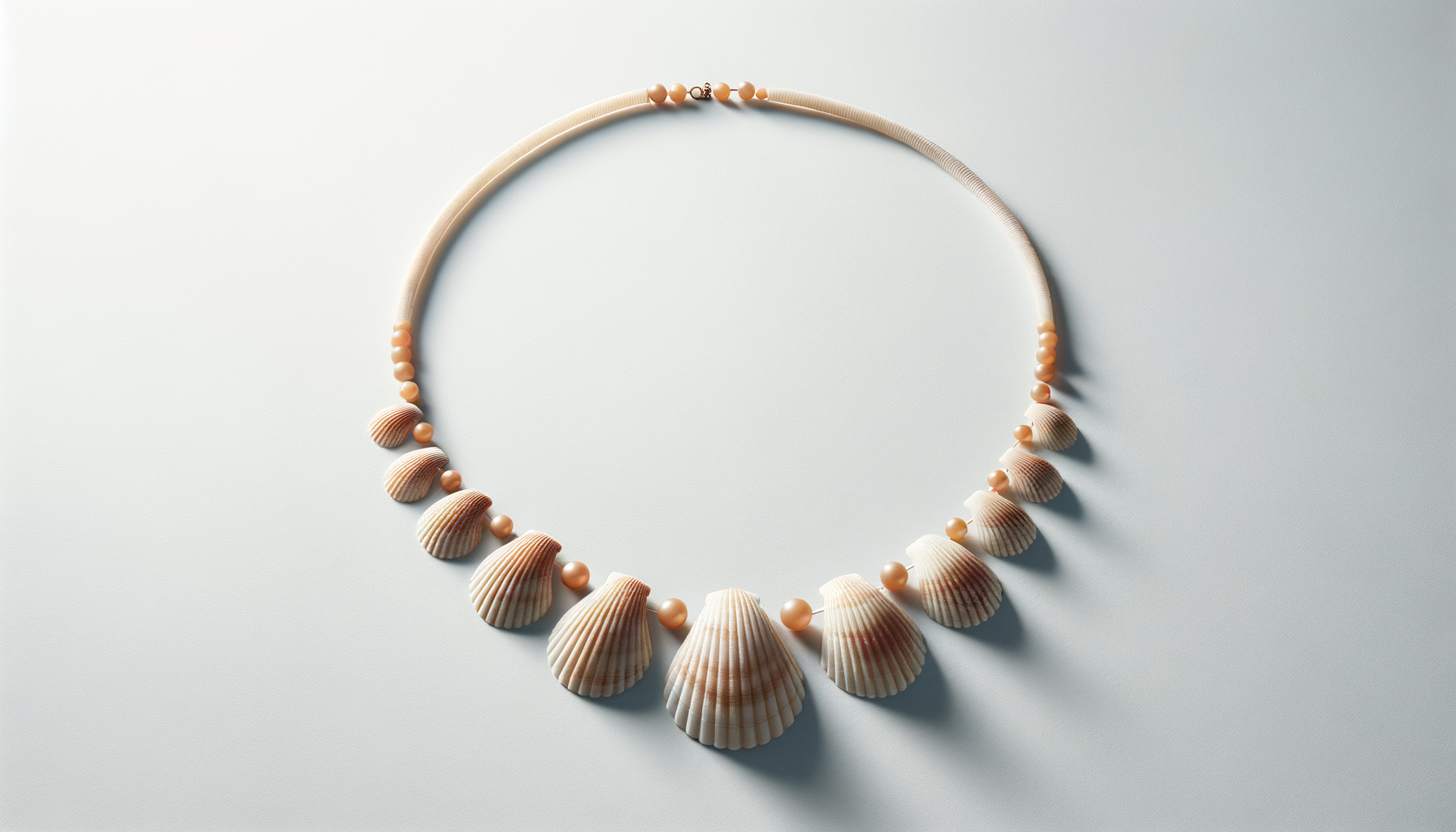Beach-themed necklace with seashells and coral-colored beads on a light background.