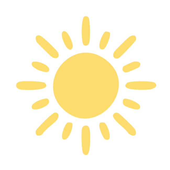 A simple yellow sun icon with a circular center and radiating lines on a transparent background.