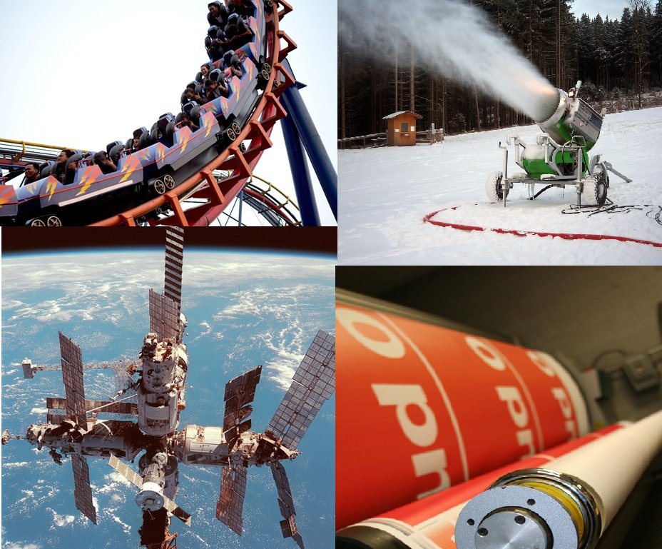 A collage of four images: a roller coaster ride with riders, snowmaking equipment in a winter landscape, the International Space Station orbiting Earth, and a close-up of a rolled fire hose.