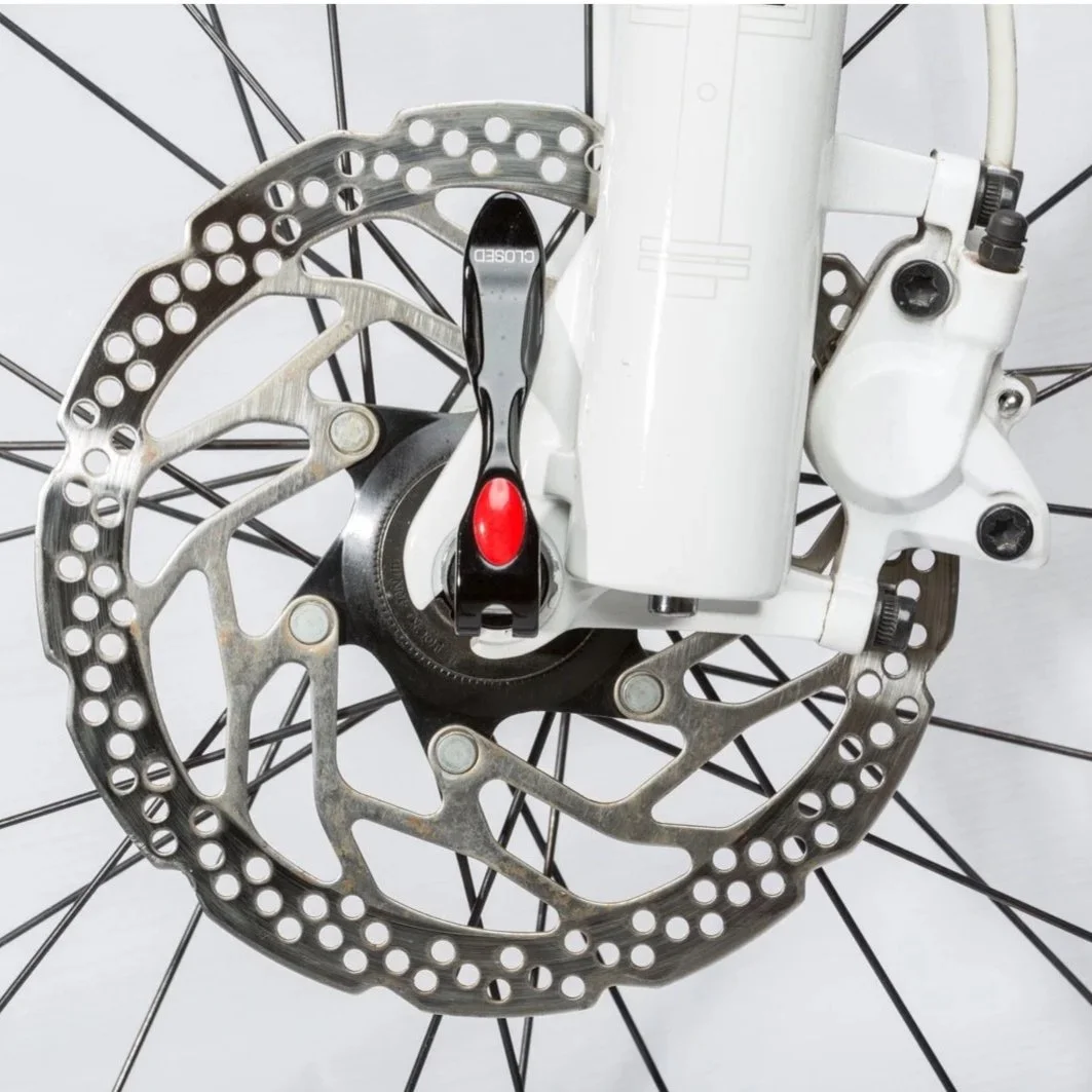 Close-up of a bicycle disc brake system with a rotor, caliper, and spokes visible.