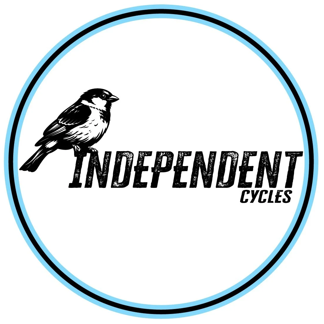 A circular logo featuring a black and white bird perched on the word "Independent" with "Cycles" written underneath, all within a circular black and blue border.