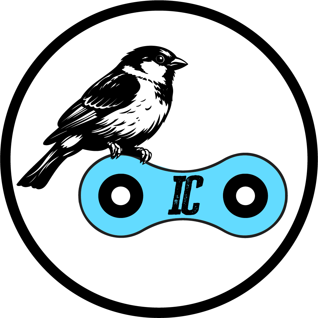 A black and white illustration of a bird perched on a blue abstract shape with the letters 'IC' in the center.