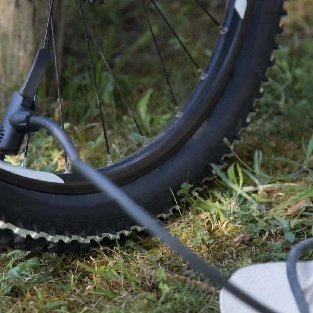Close-up of a bicycle tire and spokes on grass, with a blurred object in the foreground.