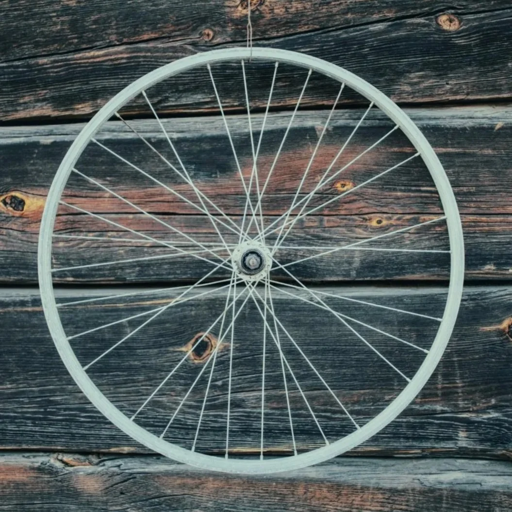 A bicycle wheel with no tire mounted on a wooden surface.